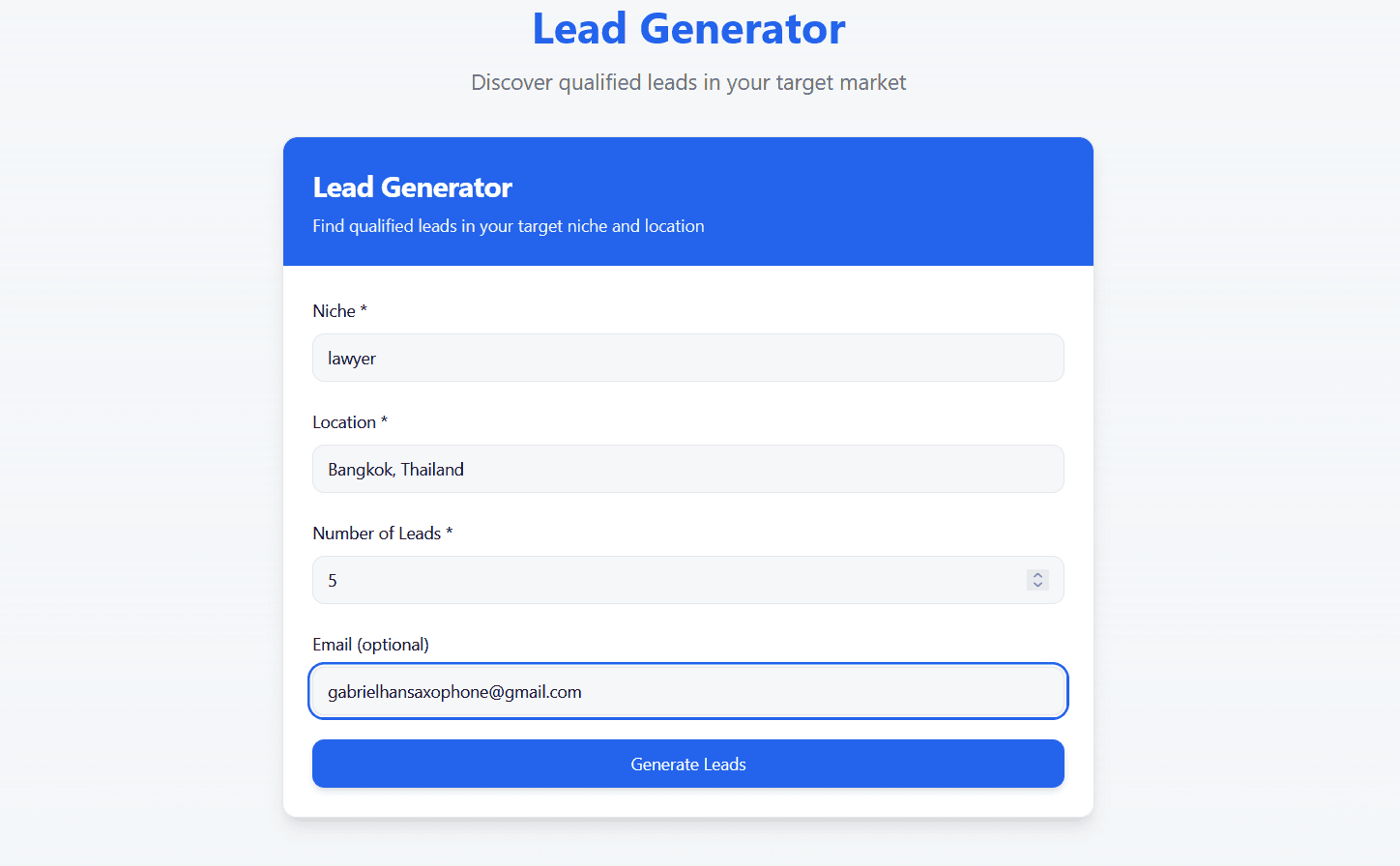Lead Generator application screenshot